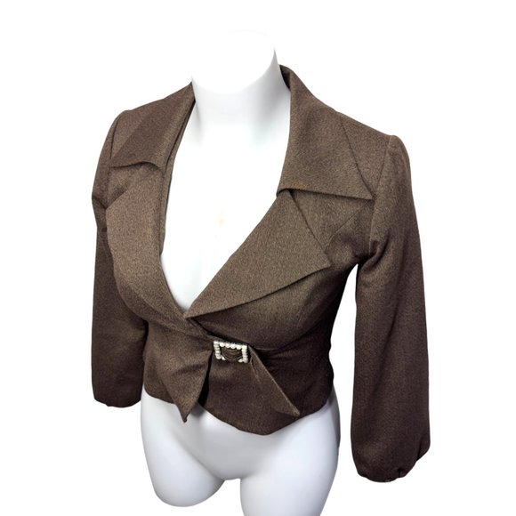 Svetlana Brown Blazer Contrast Lapel Rhinestone Statement Button Closure Size 8 - Picture 2 of 10